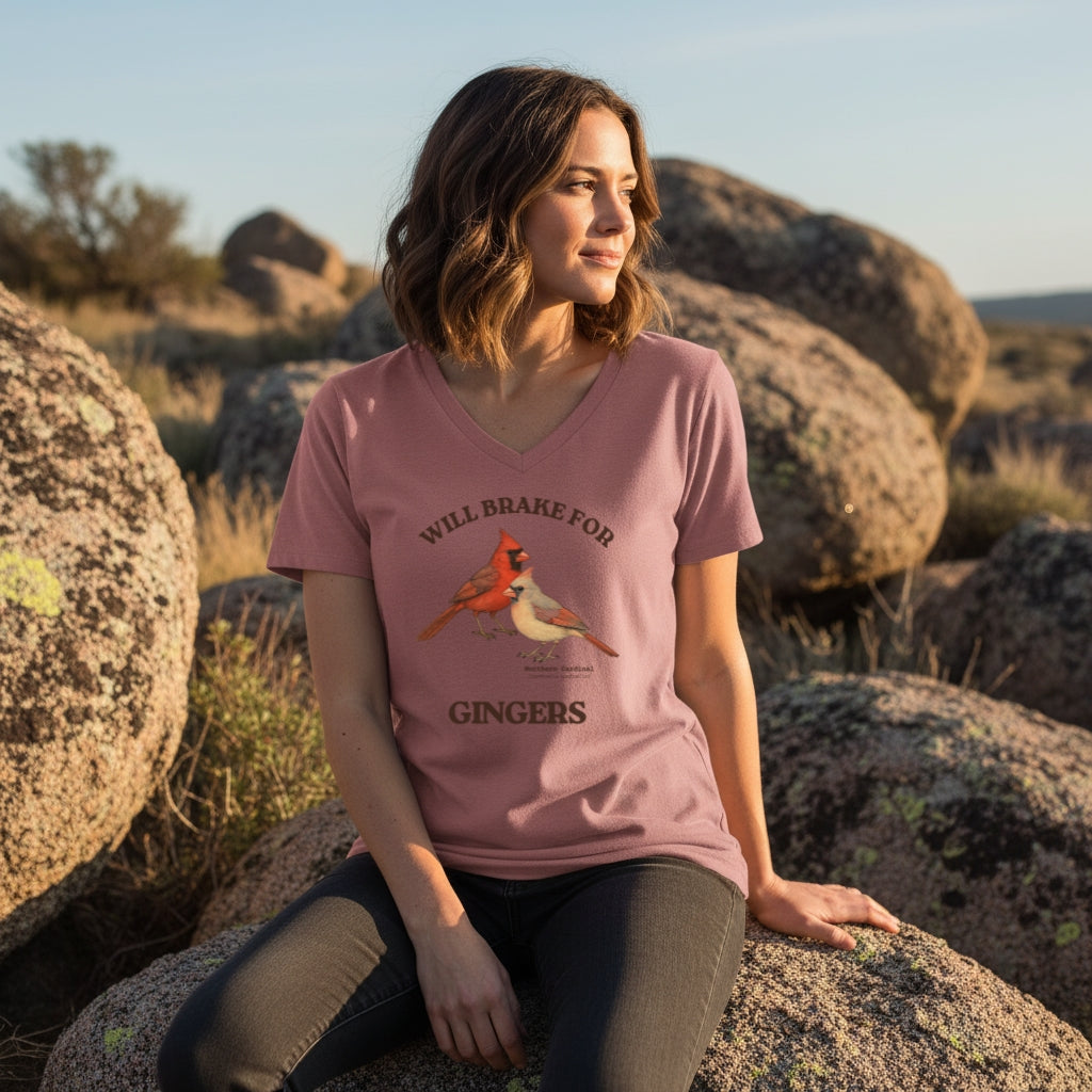 Will Brake for Gingers (Northern Cardinal) Women’s Relaxed V-neck Bird T-shirt