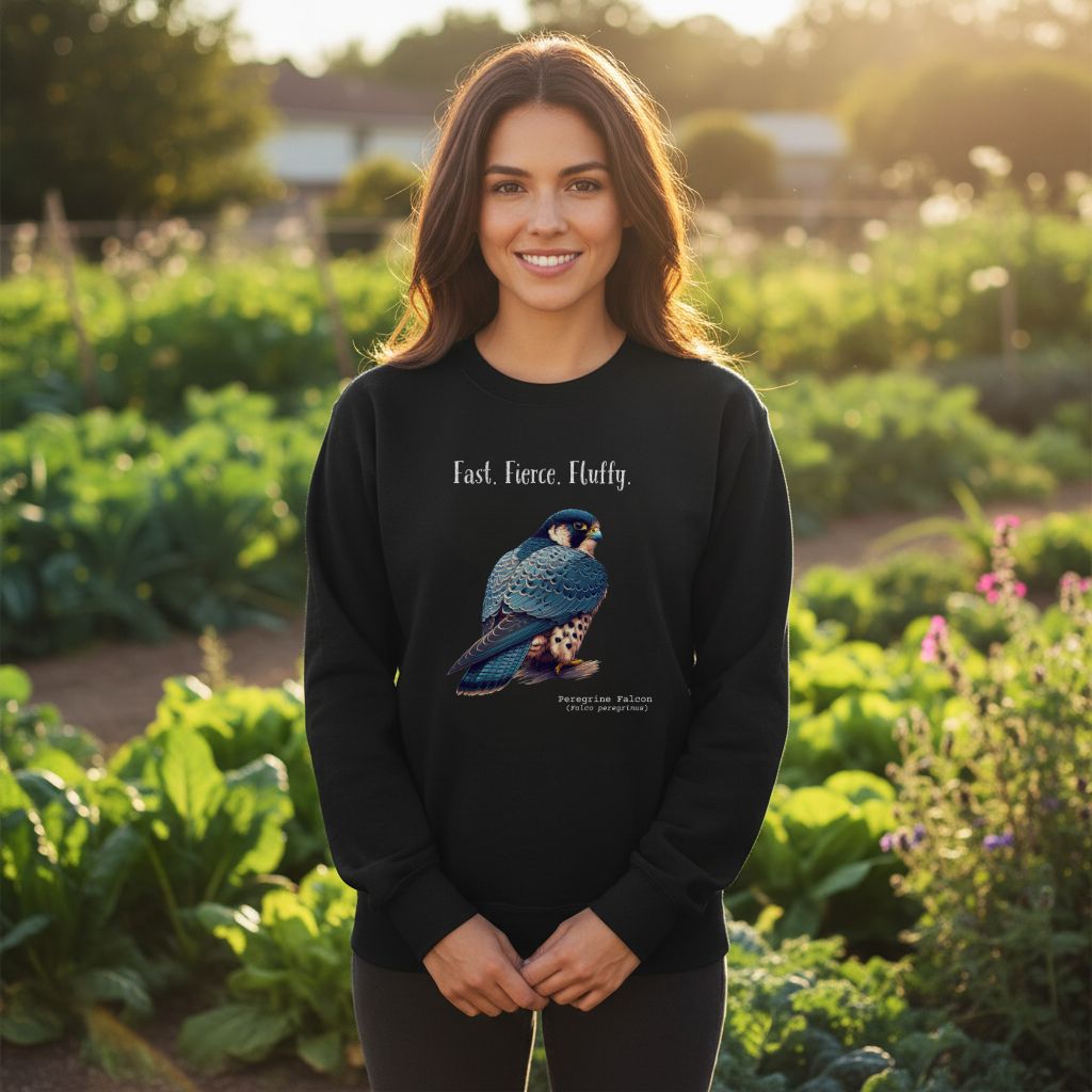 Black crewneck bird sweatshirt with a peregrine falcon under the words, Fast, Fierce, Fluffy.
