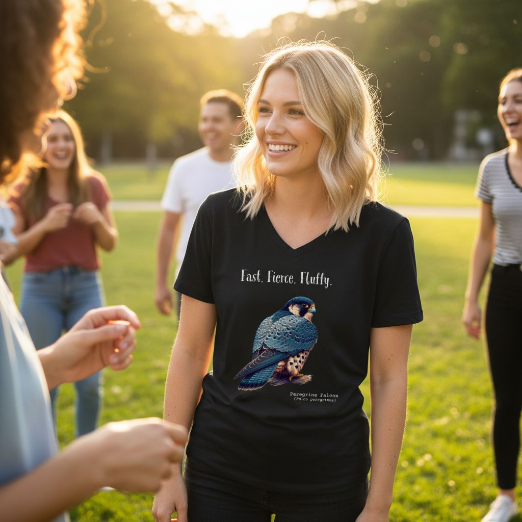 Black women's v-neck bird t-shirt with the words, Fast. Fierce. Fluffy. and a peregrine falcon graphic below.