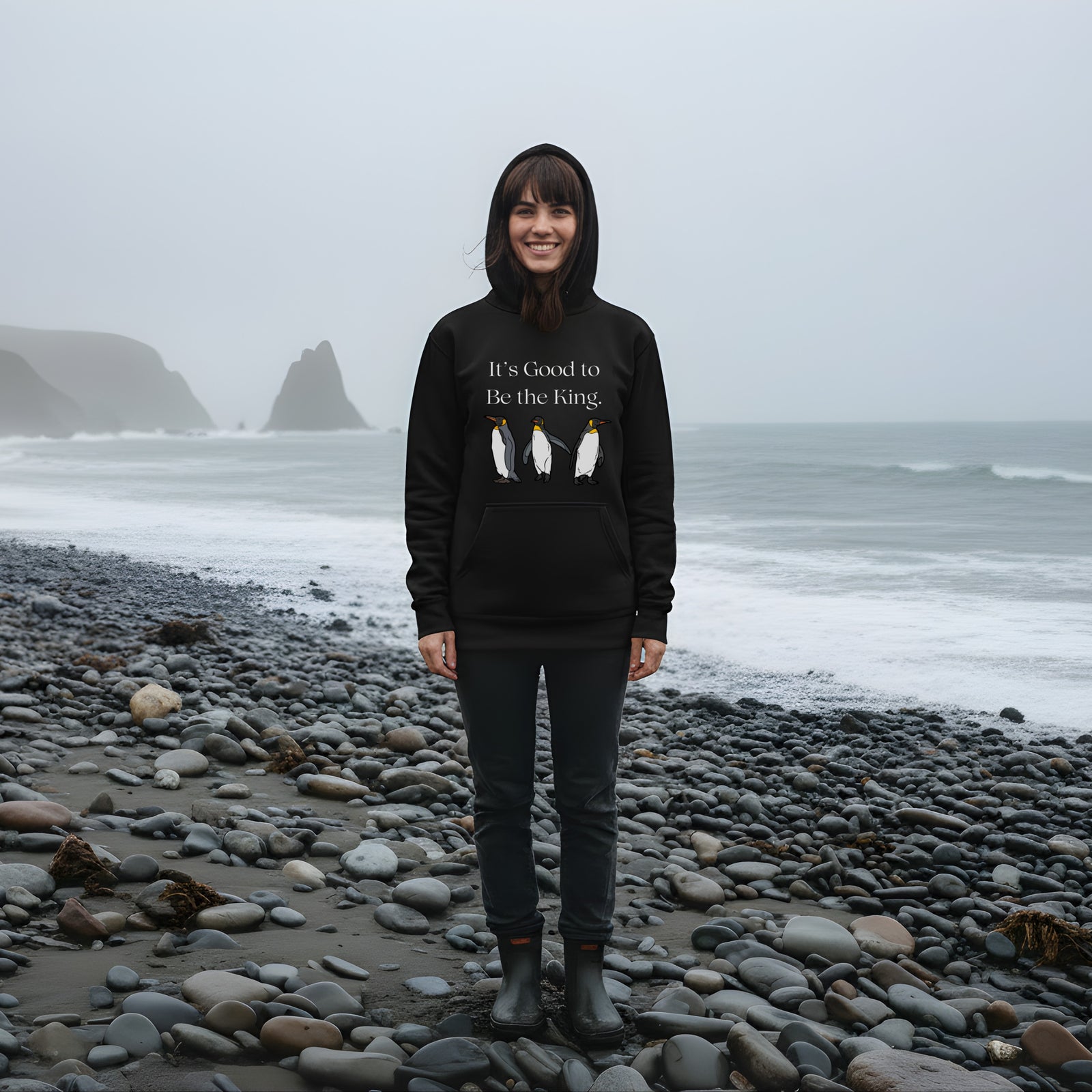 Black hoodie with text and penguin graphics. The text says, "It's Good to Be the King." The graphics are of a king penguin.