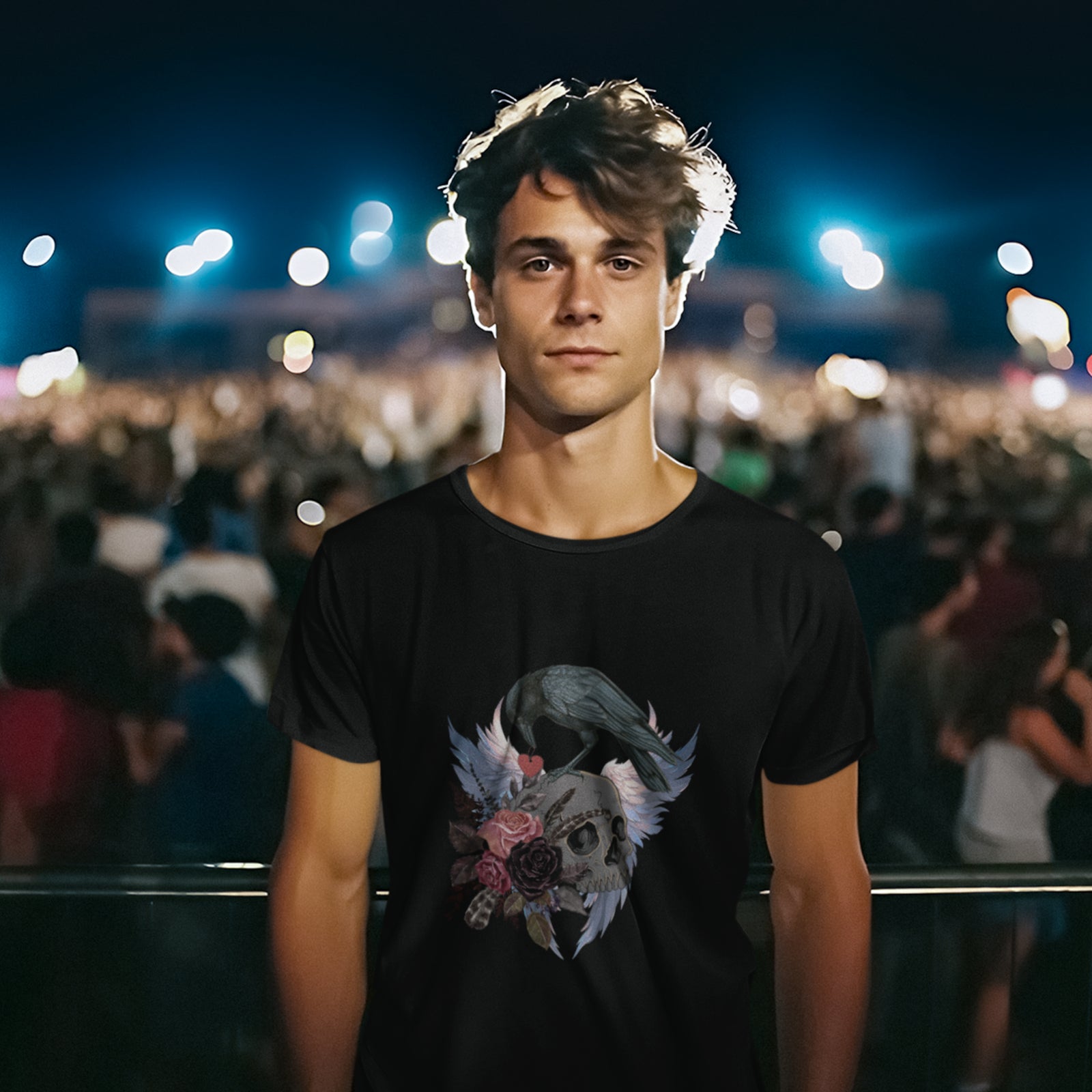 Gothic themed black bird shirt with a crow carrying a heart pendant, perched on a skull surrounded by flowers, feathers and wings.