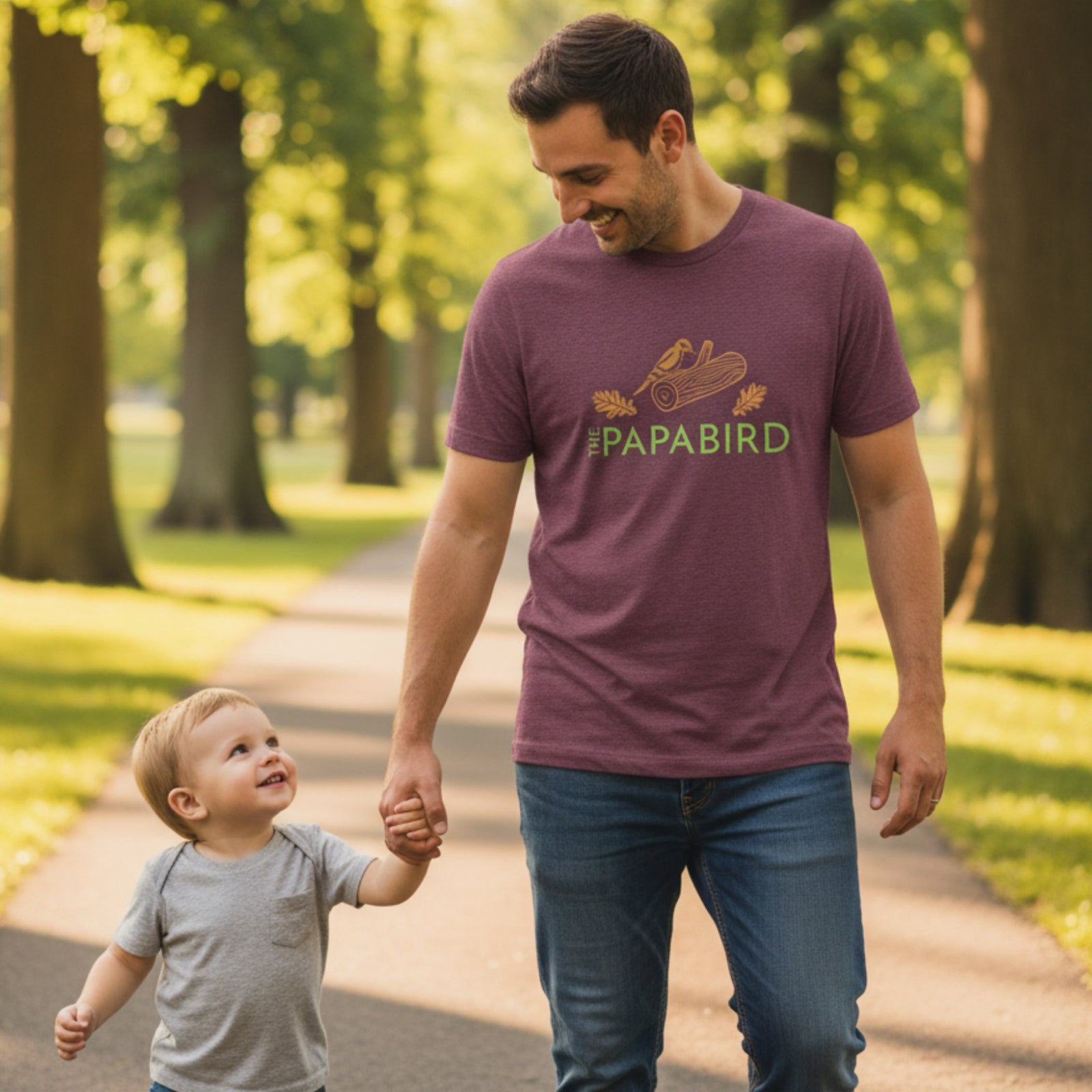 Dark red bird t-shirt with a graphic of a woodpecker on a log with some oak leaves and the text, "The Papa Bird" on the front.