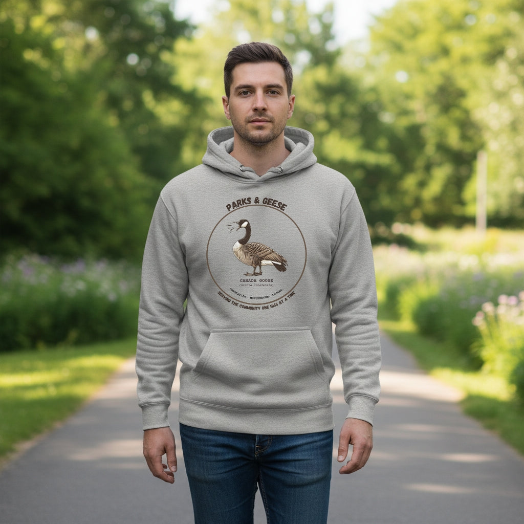 Unisex light heather gray bird hoodie with a canada goose on the front and a park department theme. 