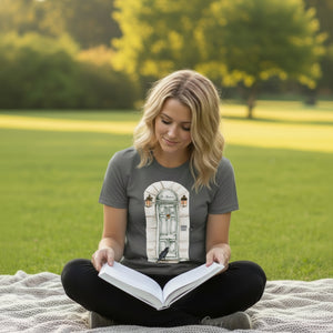 Woman wearing an gray shirt featuring a Raven at Edgar Allan Poe's front door. Woman is sitting reading a book outdoors in a park