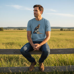 Steel blue bird shirt with an artistic depiction of a red-tailed hawk sitting on a fence and the common and scientific names for the bird next to it. Worn by a man sitting on a fence.