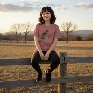 Mauve bird shirt with an artistic depiction of a red-tailed hawk sitting on a fence and the common and scientific names for the bird next to it. Worn by a woman sitting on a fence.