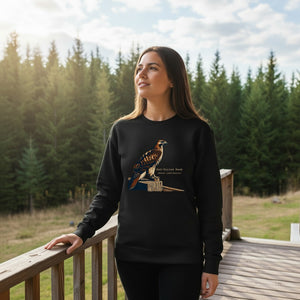Black birding sweatshirt with an artistic depiction of a red-tailed hawk sitting on a fence and the common and scientific names for the bird next to it. Worn by a woman standing on a deck.