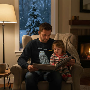 Man wearing a snowy owl sweatshirt reading to a child in a cozy living room with a snowy tree outside.