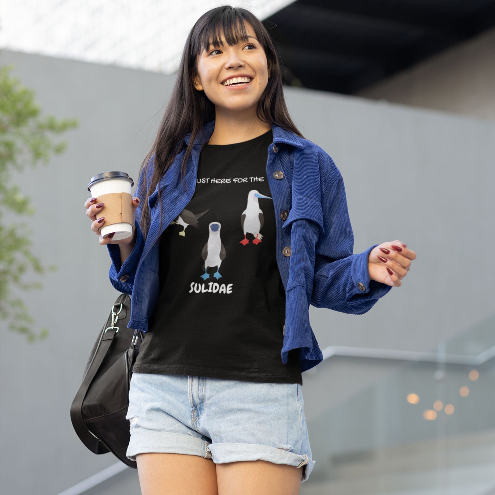 Black women's fit birder shirt with a red-footed, blue-footed and brown booby on it, but referencing only the scientific family name for the bird.