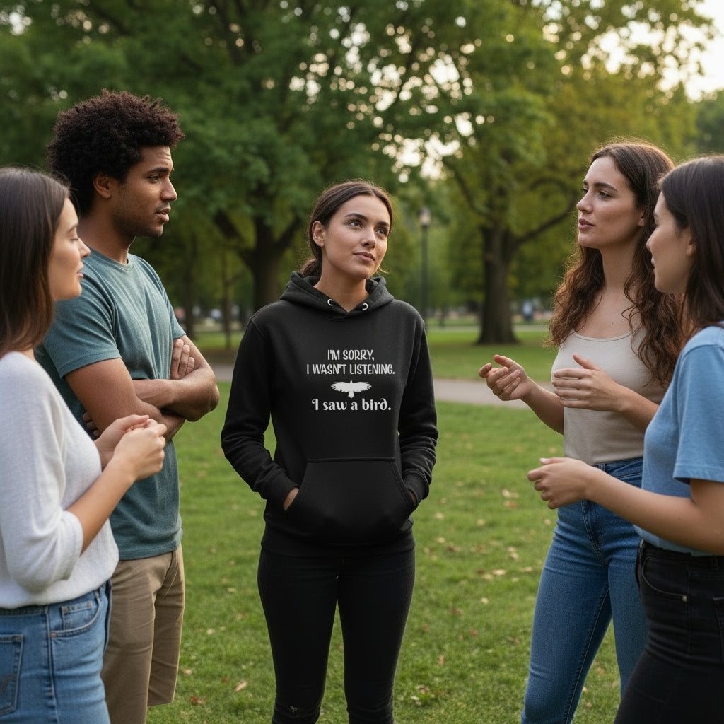 Black unisex bird hoodie with the words I'm sorry I wasn't listening, I saw a bird. And a graphic of a bird flying.