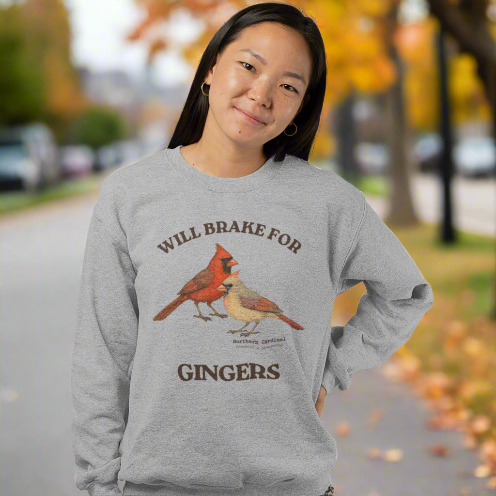 Gray sweatshirt with male and female cardinal design and text 'WILL BRAKE FOR GINGERS'