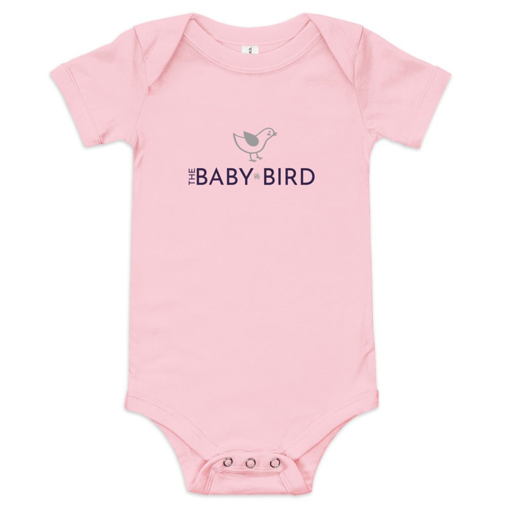 Light pink baby bodysuit with a graphic of a bird and the words The Baby Bird beneath.