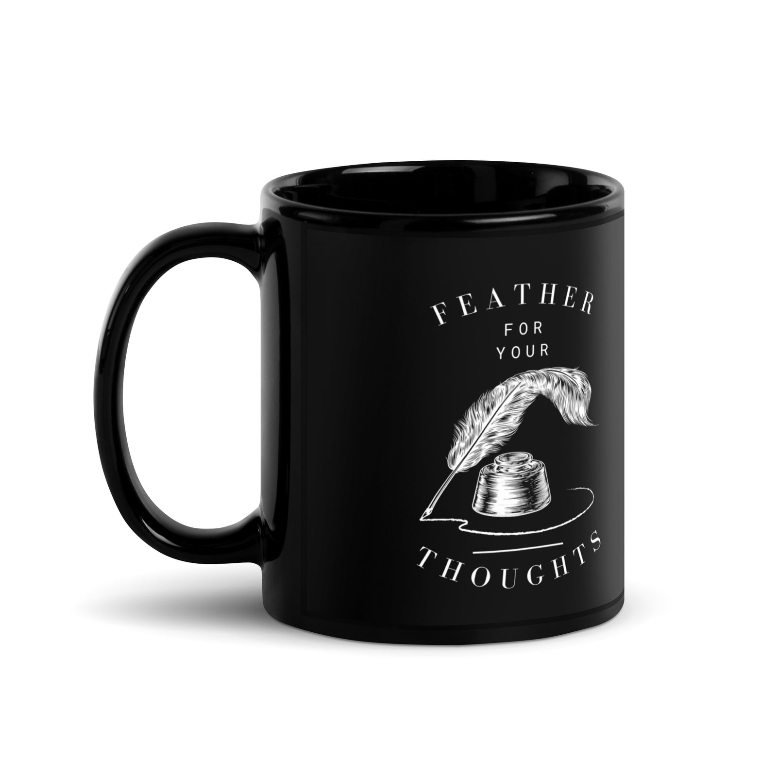 Feather for Your Thoughts black ceramic mug 11 oz - right handle view - birding coffee mug