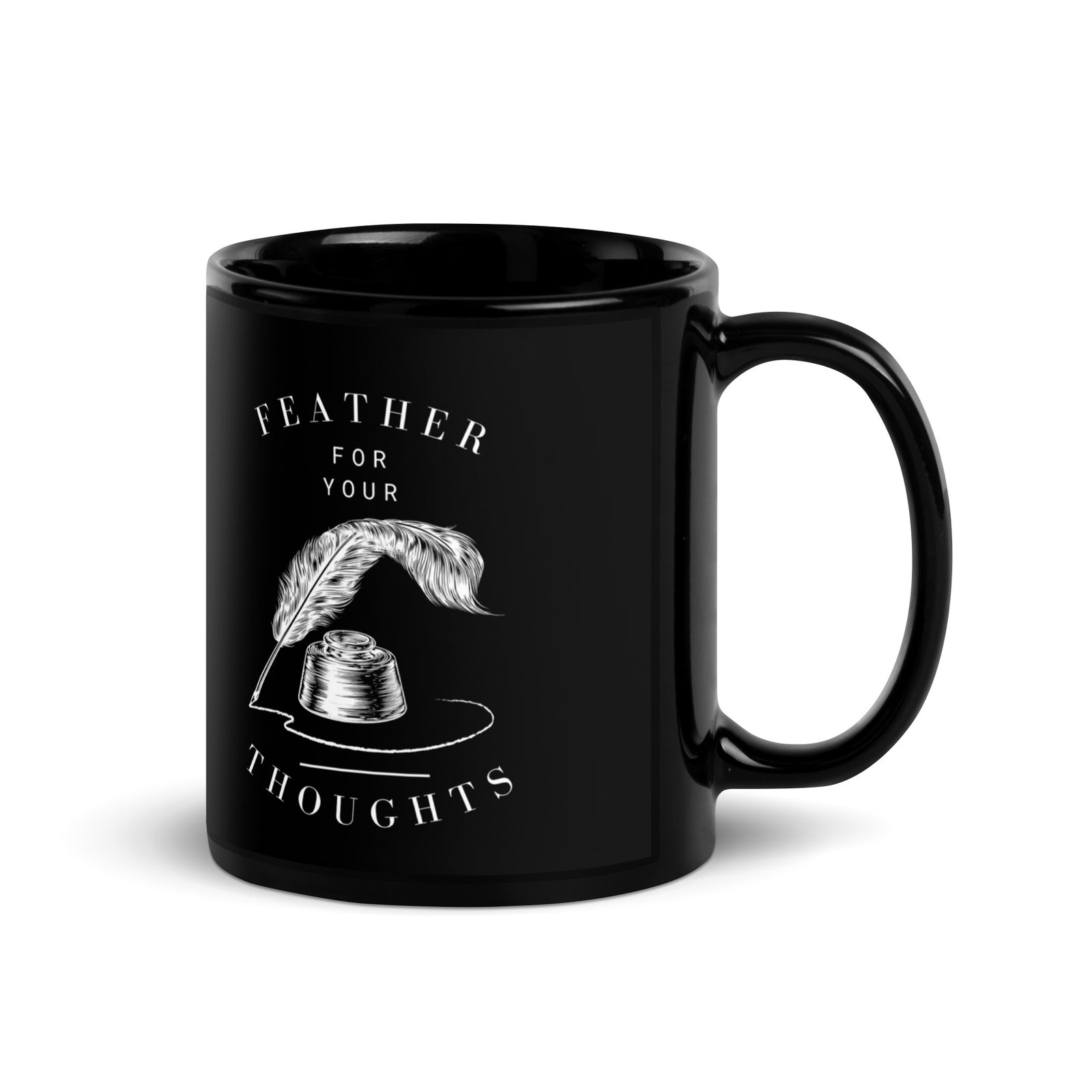 Feather for Your Thoughts black ceramic mug 11 oz - right handle view - birding coffee mug