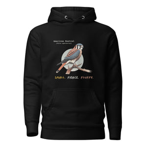 Black hooded unisex bird sweatshirt with the words, "Small. Fierce. Fluffy" below an illustration of an American Kestrel. 