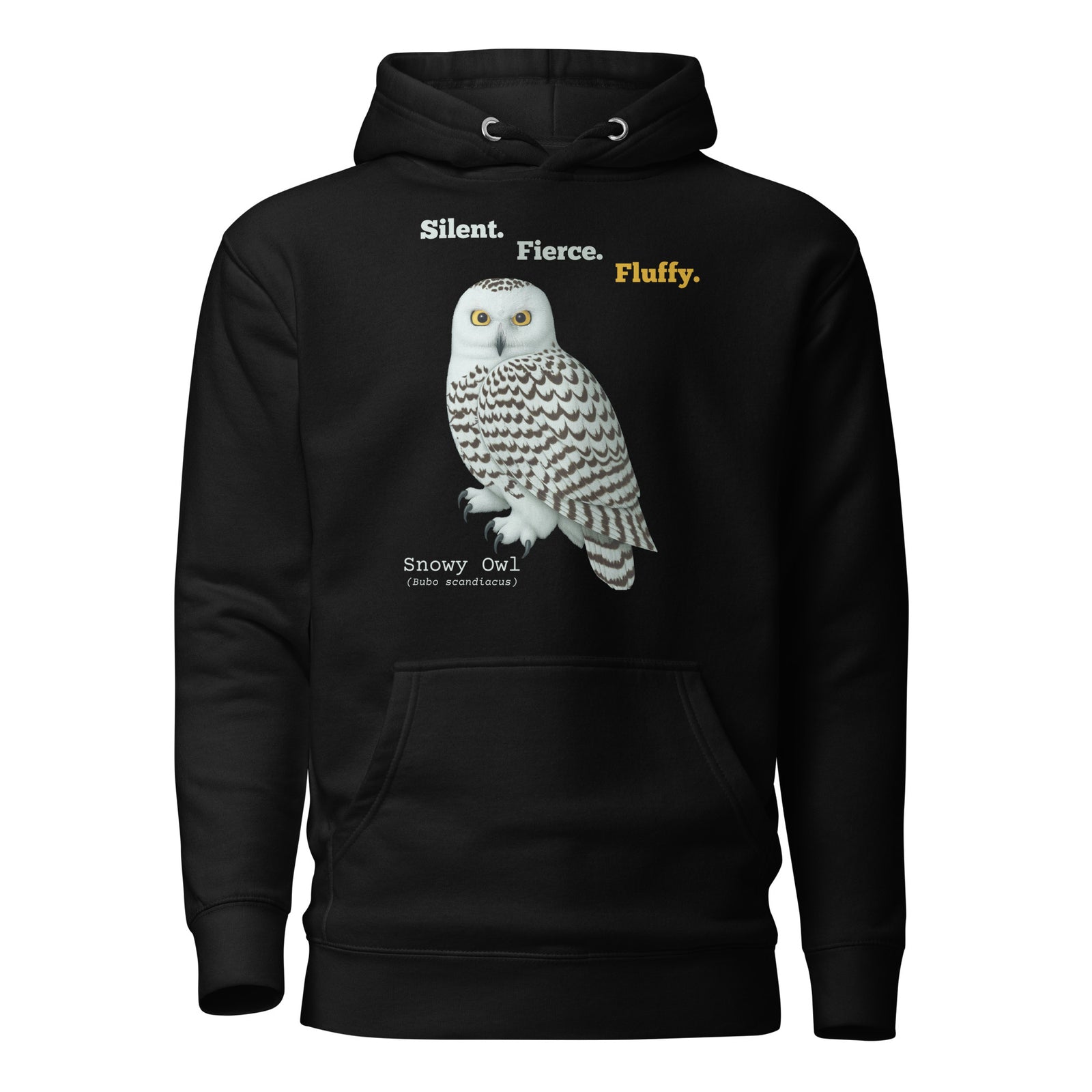 Black hoodie with a snowy owl graphic and text on a white background