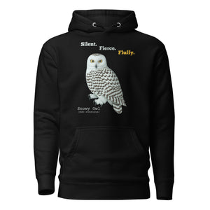 Black hoodie with a snowy owl graphic and text on a white background