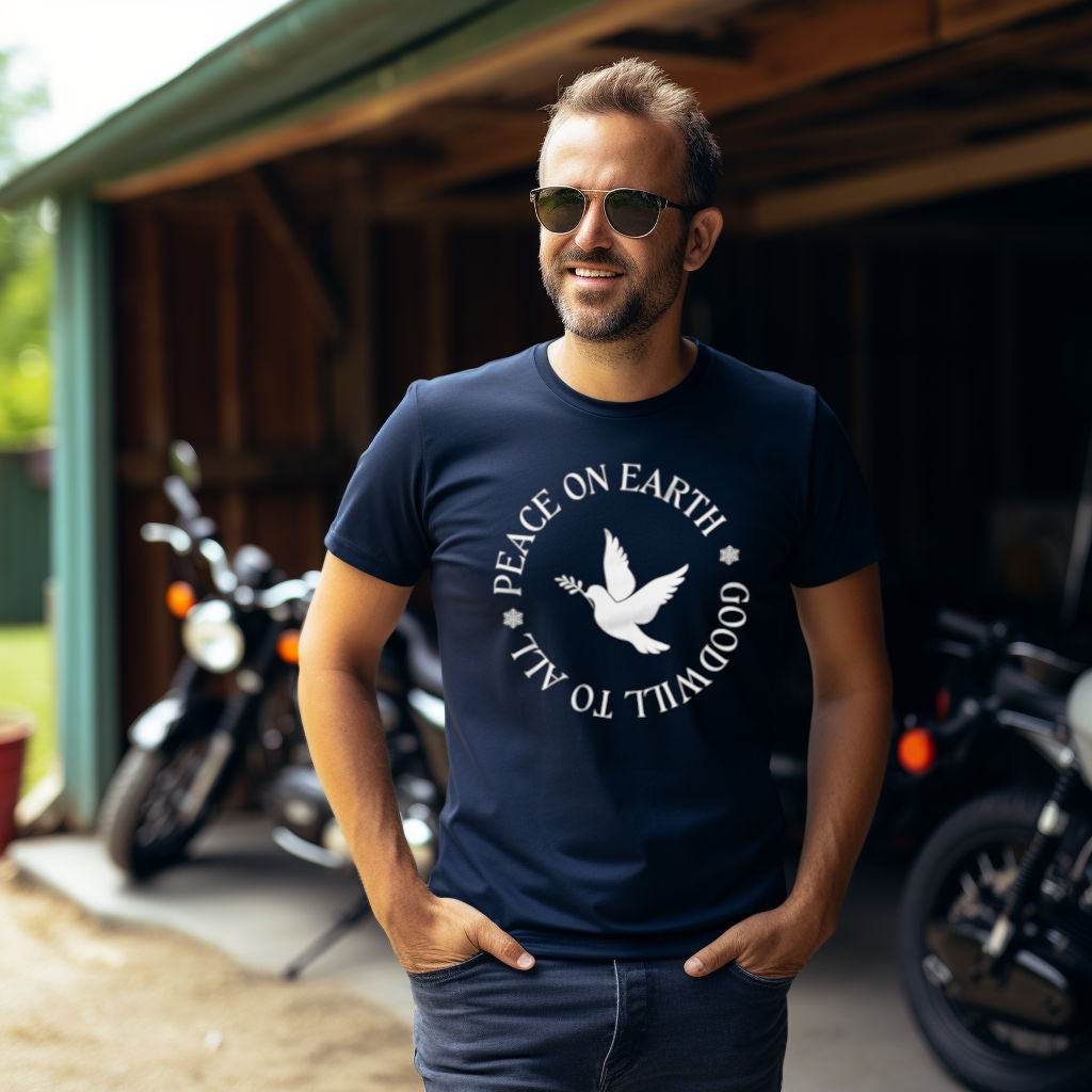 Navy blue unisex bird t-shirt that says Peace on Earth Goodwill to All in a circle surrounding a dove of peace.