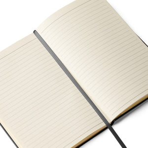 Hardbound birding notebook in black with the words, "Birds From The Block, Backyard Birding Journal" on the front with bird feeder below. Inside lined pages and place-marking ribbon shown.