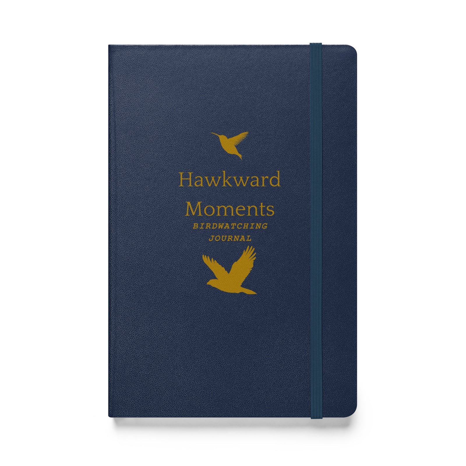 Hardcover bound birding notebook in black with the words, "Hawkward Moments, Birdwatching Journal" on the front with silhouettes of birds above and below.