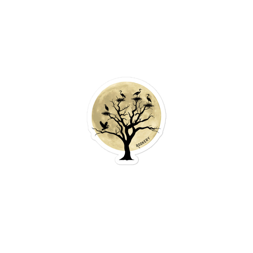 Sticker of a full moon behind a tree full of heron nests. 3 by 3 inch