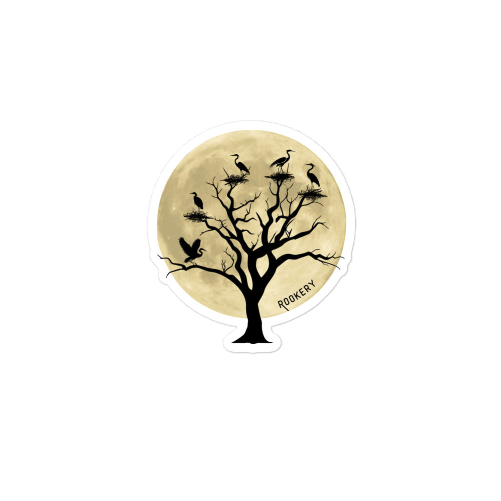 Sticker of a full moon behind a tree full of heron nests. 5 by 5 inch