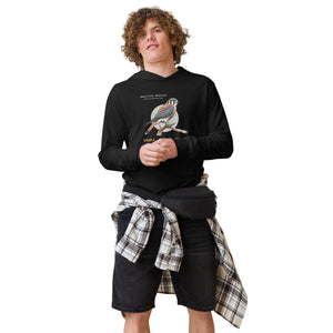 Black long sleeved and hooded unisex bird shirt with the words, "Small. Fierce. Fluffy" below an illustration of an American Kestrel. Worn by a man.