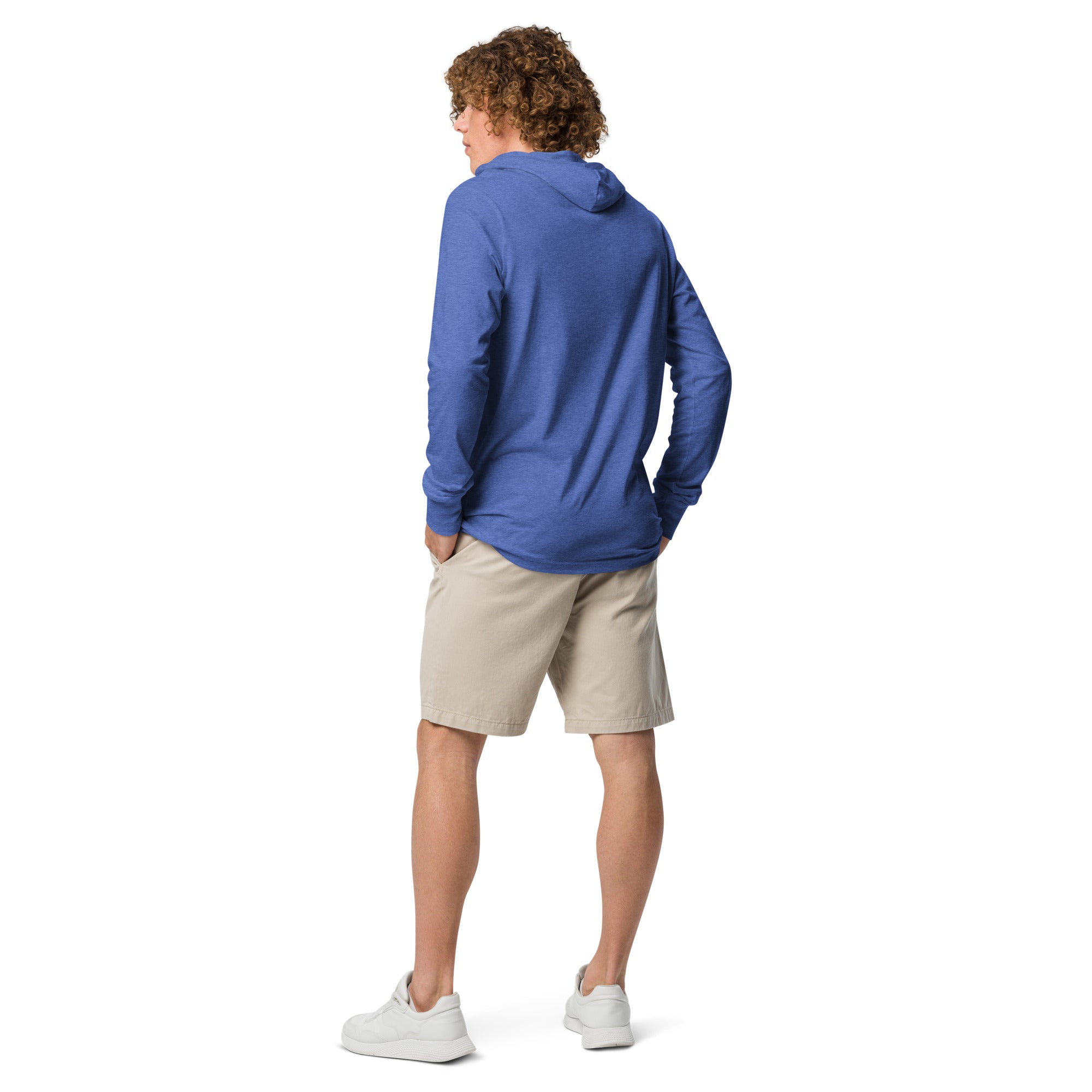Heather blue long-sleeved and hooded bird t-shirt with a male and female northern cardinal and the words, "Will Brake for Gingers" worn by a man, rear view, no graphics shown.
