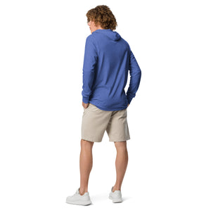 Heather blue long-sleeved and hooded bird t-shirt with a male and female northern cardinal and the words, "Will Brake for Gingers" worn by a man, rear view, no graphics shown.