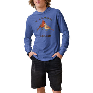 Heather blue long-sleeved and hooded bird t-shirt with a male and female northern cardinal and the words, "Will Brake for Gingers" worn by a man.