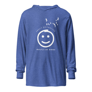 Heather royal blue long sleeved and hooded tee with fun, "Easily Distracted, Mostly by Birds" saying on the front, with a smiley face looking up at a flock of birds.