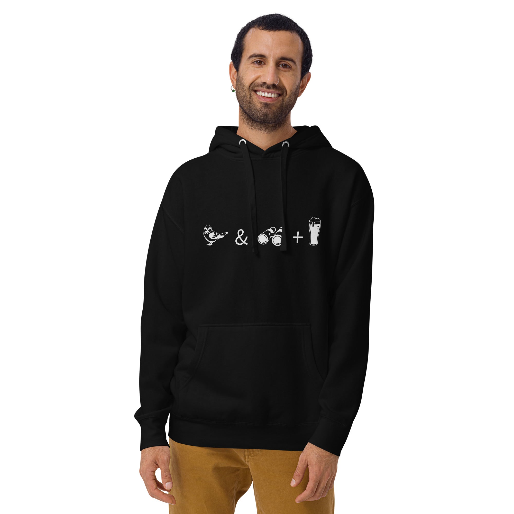 Unisex black hooded bird sweatshirt celebrating bird watching and beer with a graphic of binoculars, a bird, and a glass of beer.