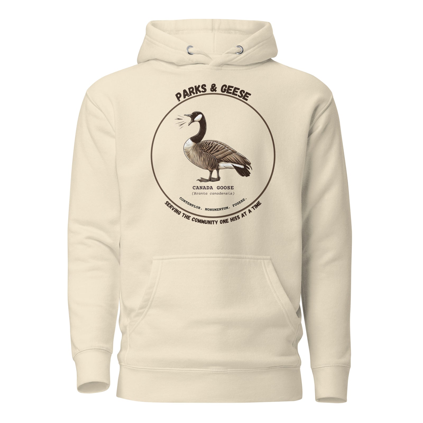 Unisex off white bird hoodie with a canada goose on the front and a park department theme. 