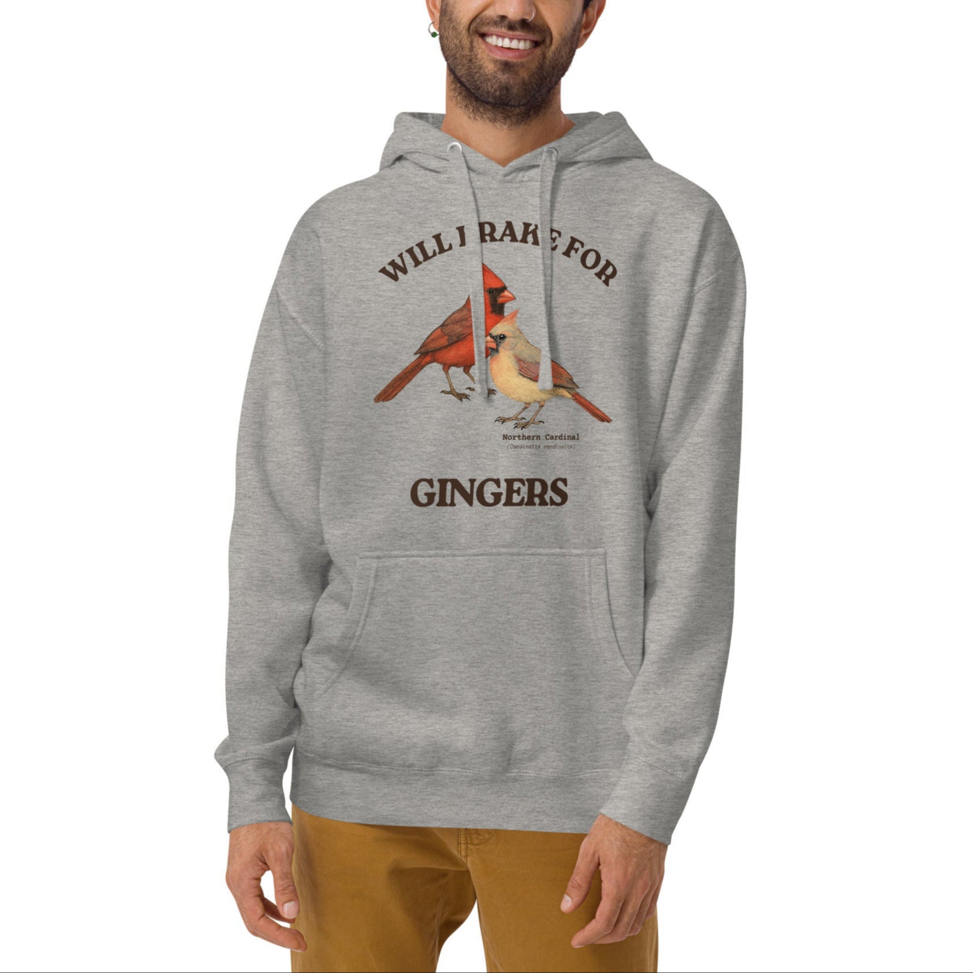 Unisex light heather gray bird hoodie with a male and female northern cardinal and the words, "Will Brake for Gingers" Worn by a man.