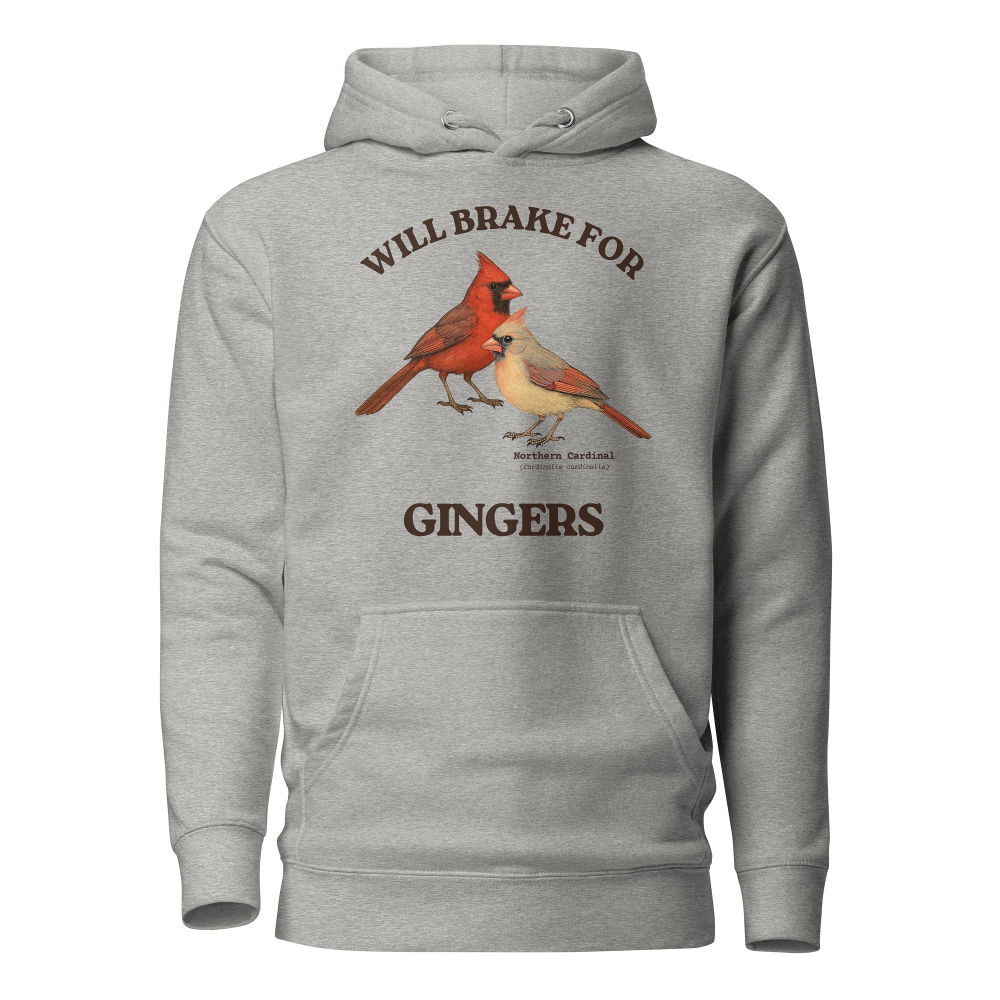 Unisex light heather gray bird hoodie with a male and female northern cardinal and the words, "Will Brake for Gingers" 