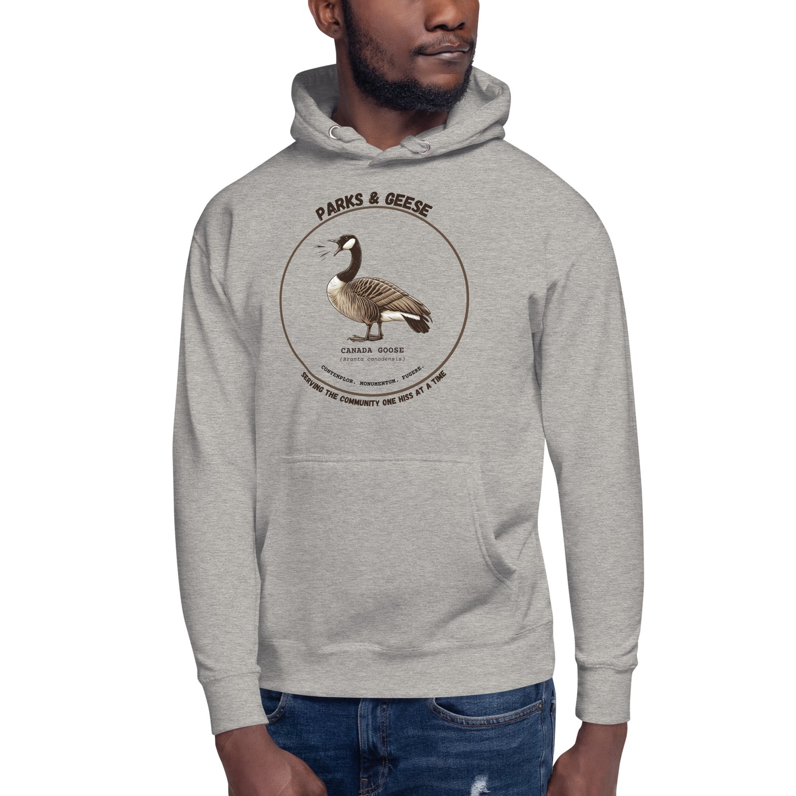 Unisex light heather gray bird hoodie with a canada goose on the front and a park department theme. 