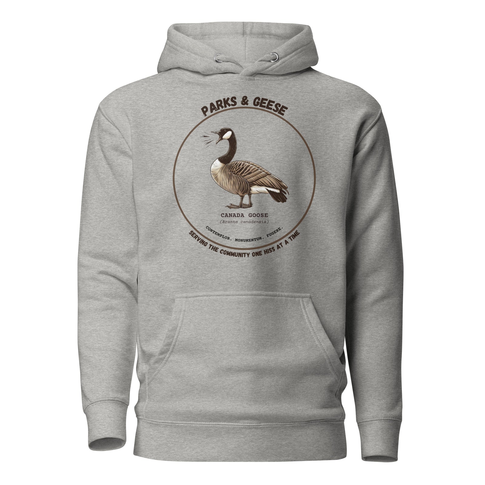 Unisex light heather gray bird hoodie with a canada goose on the front and a park department theme. 