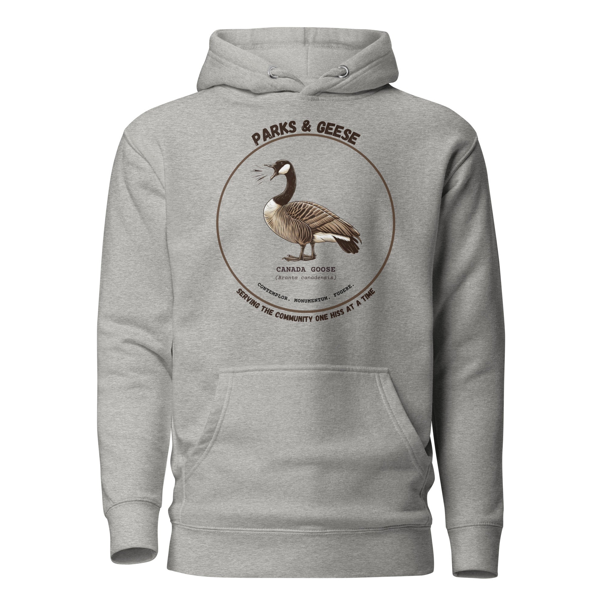 Unisex light heather gray bird hoodie with a canada goose on the front and a park department theme. 