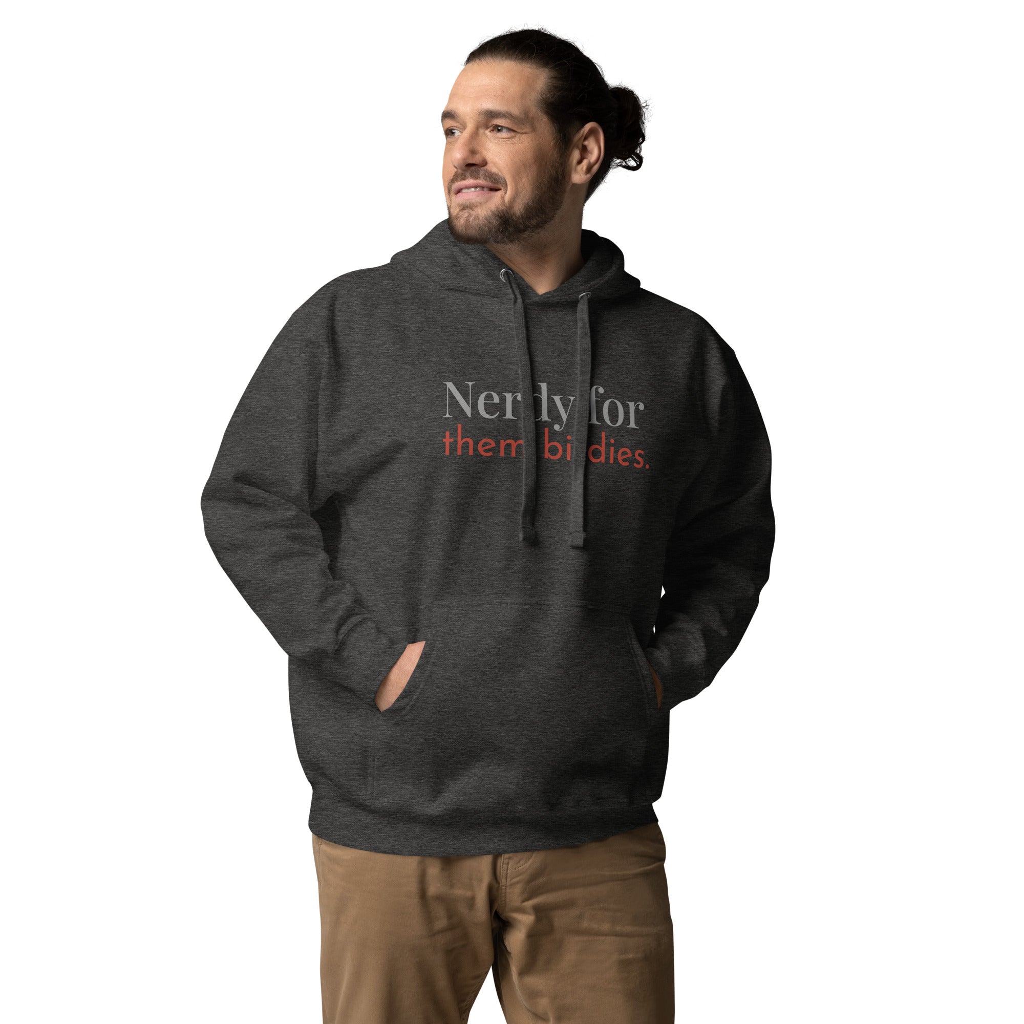 Dark heather grey unisex bird hoodie with the words Nerdy for them birdies on the front in two coordinating fonts and colors. Worn by  man.