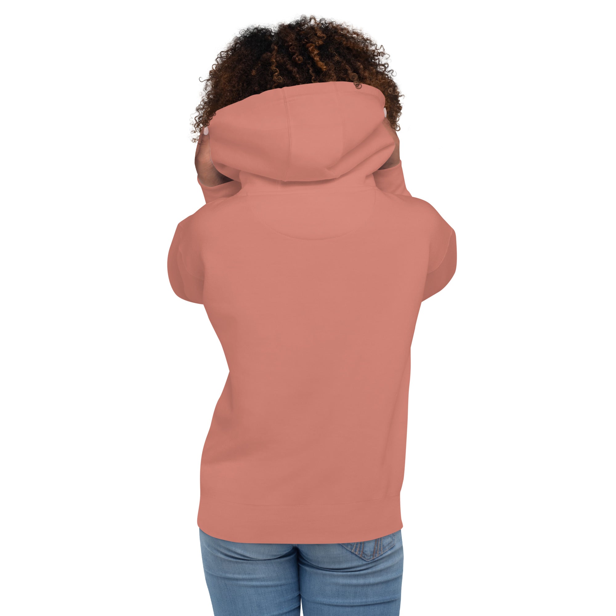 Unisex dusty rose bird hoodie with a male and female northern cardinal and the words, "Will Brake for Gingers" Worn by a woman. Rear view, no graphics shown.