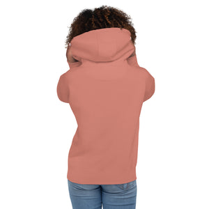 Unisex dusty rose bird hoodie with a male and female northern cardinal and the words, "Will Brake for Gingers" Worn by a woman. Rear view, no graphics shown.