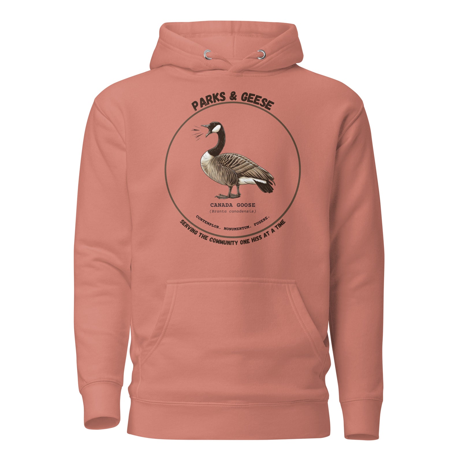 Unisex dusty rose bird hoodie with a canada goose on the front and a park department theme. 
