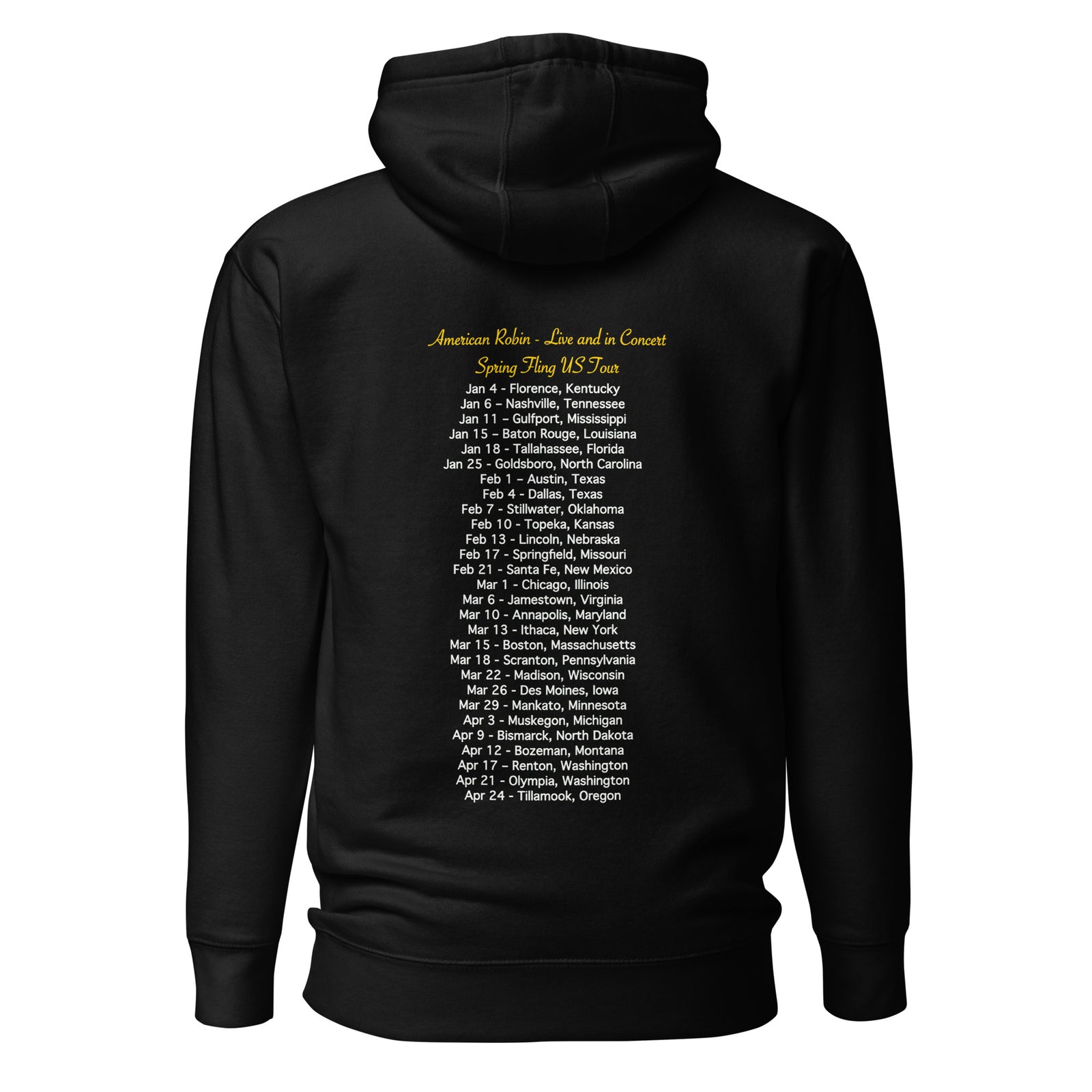 Concert style unisex hoodie in black; featuring an American Robin. 