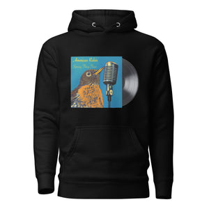 Concert style unisex hoodie in black; featuring an American Robin. 