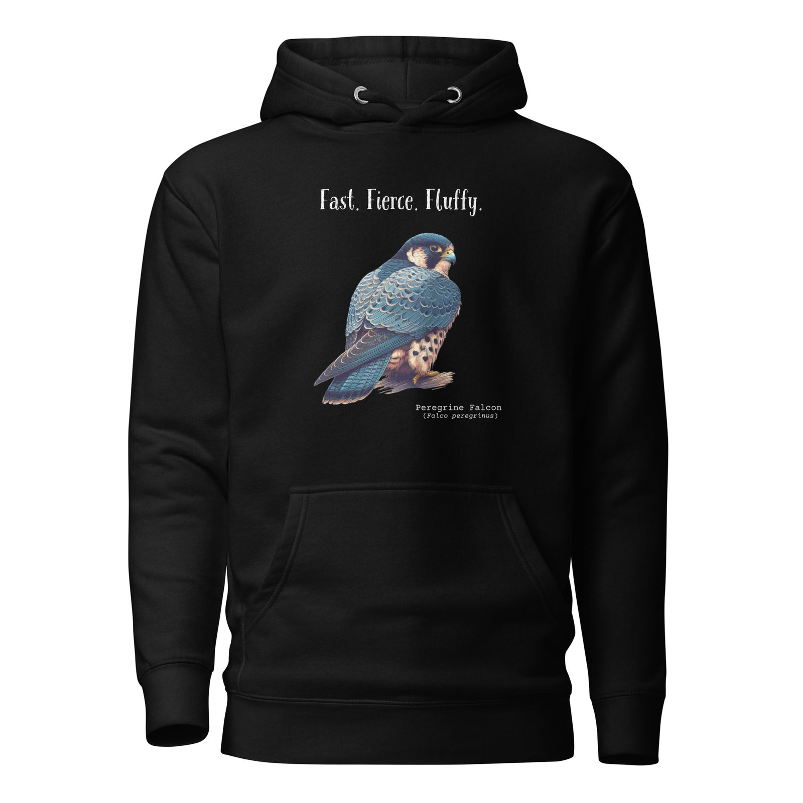 Black, long-sleeve, bird hoodie with a peregrine falcon under the words, Fast, Fierce, Fluffy.