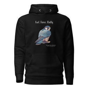 Black, long-sleeve, bird hoodie with a peregrine falcon under the words, Fast, Fierce, Fluffy.