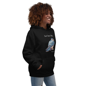 Black, long-sleeve, bird hoodie with a peregrine falcon under the words, Fast, Fierce, Fluffy. Worn by a woman against a white background.