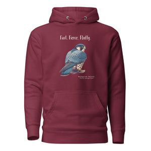 Maroon, long-sleeve, bird hoodie with a peregrine falcon under the words, Fast, Fierce, Fluffy.