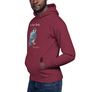 Maroon, long-sleeve, bird hoodie with a peregrine falcon under the words, Fast, Fierce, Fluffy. Worn by a man against a white background.