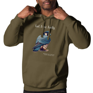 Military green, long-sleeve, bird hoodie with a peregrine falcon under the words, Fast, Fierce, Fluffy. Worn by a man against a white background.